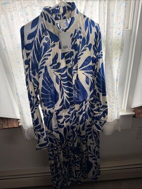 H&M White Maxi Dress with Bold Cobalt Blue Leaf Print